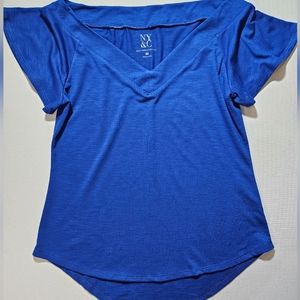 New York & Company Womens Top Shirt Royal Blue Flutter Sleeve VNeck Blouse Small